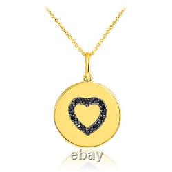 14k Yellow Gold Heart Studded with Black Diamonds Disc Pendant Necklace USA Made