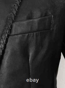 Authentic Luxury Men's Black Leather Blazer Pure Lambskin 2 Button Coat Blazer