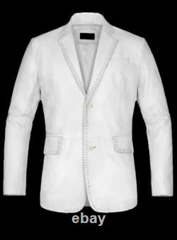 Authentic Luxury Men's White Leather Blazer Pure Lambskin 2 Button Coat Blazer
