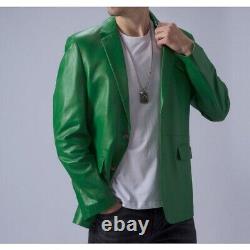 Authentic Men's Green Leather Blazer 100% Pure Sheepskin 2 Button Coat Blazer