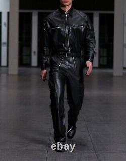 Black Belted Pockets Fashionable Lambskin Handmade Leather Jumpsuit Multi Men