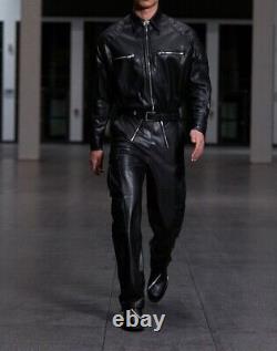 Black Belted Pockets Fashionable Lambskin Handmade Leather Jumpsuit Multi Men