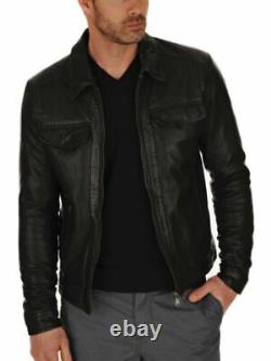 Black Leather Jacket Mens Lambskin Soft Genuine slim fit motorcycle Biker