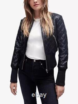Black Quilted Leather Jacket Women 100% Pure Lambskin Bomber Biker Jacket 240