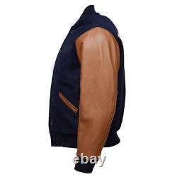 Bomber Lettermen Baseball Varsity Jacket Soft Blue Wool/Brown Leather Sleeves
