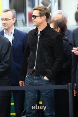 Brad Pitt Black Suede Leather Jacket for Men Celebrity Biker Jacket S M L XL-145