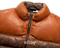 Brown Distressed Two Tone Leather Vest Biker Down Puffer Quilted Fashion Vest
