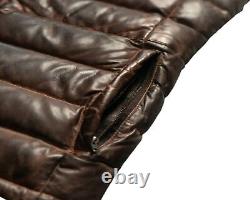 Brown Distressed Two Tone Leather Vest Biker Down Puffer Quilted Fashion Vest