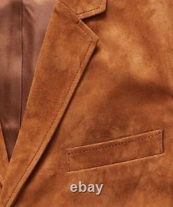 Brown Leather Blazer Men Pure Suede Coat Jacket 2 Button Size S M L XL XXL