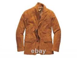 Classic Men's Brown Real Suede Leather Blazer Long Style Suit Three Button Coat