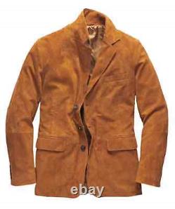 Classic Men's Brown Real Suede Leather Blazer Long Style Suit Three Button Coat