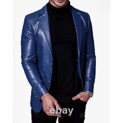Classic Men's Pure Lambskin Leather Blazer Soft 2 BUTTON Blue Coat Blazer