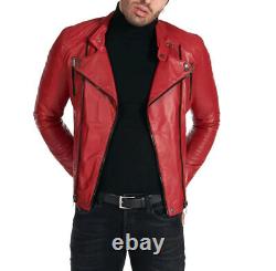 Classic Party Slim Fit Halloween Red Casual Biker Lambskin Leather Jacket Men
