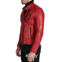 Classic Party Slim Fit Halloween Red Casual Biker Lambskin Leather Jacket Men