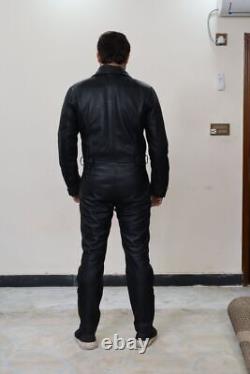 Fashionable Black Pocket Handmade Jumpsuit Lambskin Leather Genuine Zipper Men