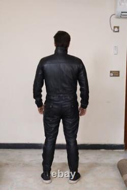 Fashionable Black Pocket Handmade Jumpsuit Lambskin Leather Genuine Zipper Men