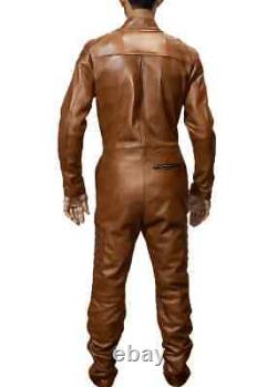 Genuine Zipper Handmade Fashionable Pocket Brown Jumpsuit Lambskin Leather Men