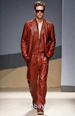 Handmade Brown Multi Belted Pockets Fashionable Lambskin Leather Men Jumpsuit
