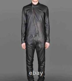 Handmade Jumpsuit Genuine Lambskin Zipper Fashionable Black Pocket Leather Men