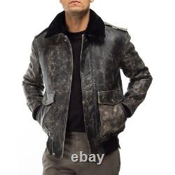 Italian handmade Men genuine lamb leather Aviator Bomber jacket BLACK VIN