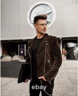 Lambskin New Handmade Designer Leather Brown Motorcycle Jacket Button Men Suede