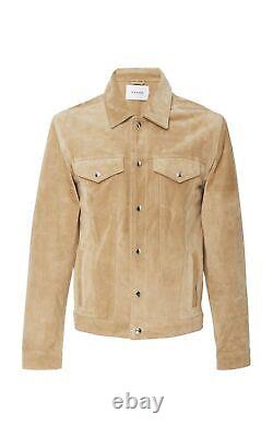 Leather Shirt Jacket for Men Beige Pure Suede Custom Made Size XS S M L XXL 3XL