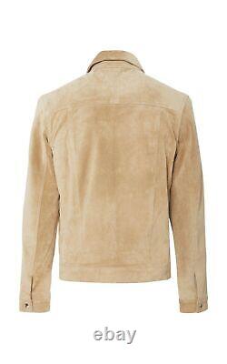Leather Shirt Jacket for Men Beige Pure Suede Custom Made Size XS S M L XXL 3XL