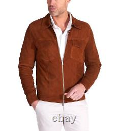 Luxury Men's Dark Tan Lamsbkin Suede Jacket 100% Soft Stylish Causal Outwear