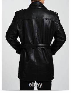 Luxury New Men's Black Leather Genuine Lamsbkin Trench Overcoat 3/4 Coat Jacket