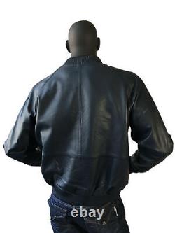 Men 100% Real Lambskin Leather Navy Blue Bomber Jacket Baseball Varsity Jacket