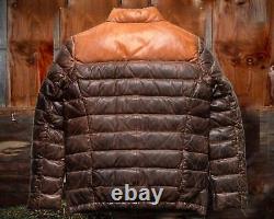 Men Brown Puffer Jacket Distressed Two Tone Quilt Biker Down Real Leather Jacket