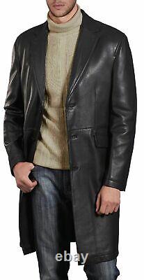 Men Leather Black Trench Coat Real Lambskin Leather Slim Fit Causal Overcoat