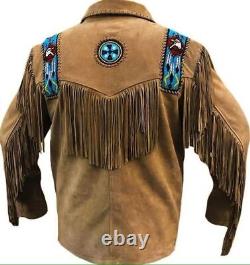Men Native Western Cowboy Suede Leather Eagle Beads Jacket Coat Fringe 10 colors