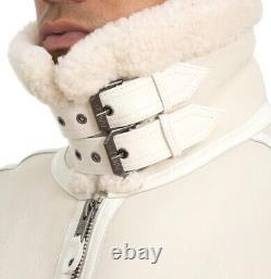 Men's Avirex Snow White Bomber B3 Shearling Fur Genuine Sheepskin Leather Jacket