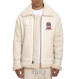 Men's Avirex Snow White Bomber B3 Shearling Fur Genuine Sheepskin Leather Jacket