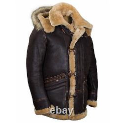 Men's B-7 Flight Shearling Genuine Brown Soft Sheepskin Leather Jacket Coat