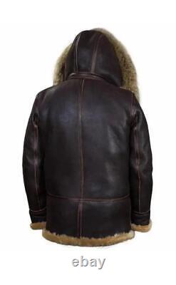 Men's B-7 Flight Shearling Genuine Brown Soft Sheepskin Leather Jacket Coat