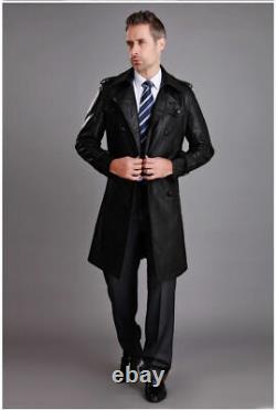Men's Black Leather genuine lambskin Trench Knee Lenght Stylish Winter Coat