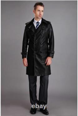 Men's Black Leather genuine lambskin Trench Knee Lenght Stylish Winter Coat