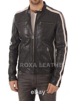 Men's Black Modern Hand Craft Genuine Lambskin Striped Biker Real Leather Jacket