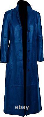 Men's Blue Leather Long Coat 100% Genuine Leather Trench Coat Full Length Coat