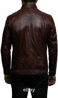 Men's Burgundy Biker Genuine Soft Decent Lambskin Leather Bomber Jacket