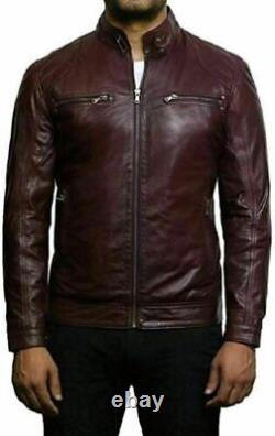 Men's Burgundy Biker Genuine Soft Decent Lambskin Leather Bomber Jacket