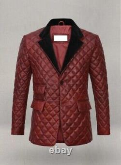 Men's DARK RED Genuine Soft Sheepskin 100% Leather BOCELLI QUILTED Coat Blazer