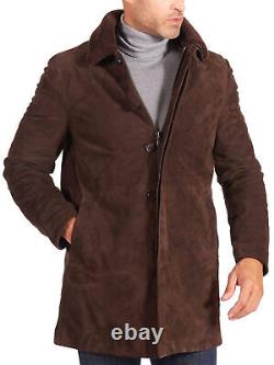 Men's Dark Brown Suede Leather Trench Coat Real Soft Suede Overcoat Casual Wear