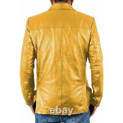 Men's Genuine Lambskin Real Yellow Leather Blazer Two Button Stylish Jacket Coat