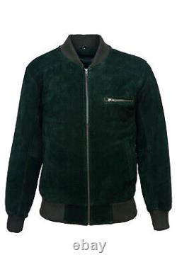 Men's Green Suede Leather Jacket 100% Sheepskin Bomber Style Italian Jacket