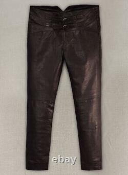 Men's HANDMADE Cowboy Jim Morrison Black Genuine Sheepskin Leather Pants Trouser