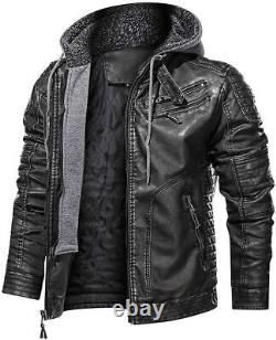 Men's Leather Hooded Motorcycle Jacket Zipper Slim Biker Outwear Leather Jacket