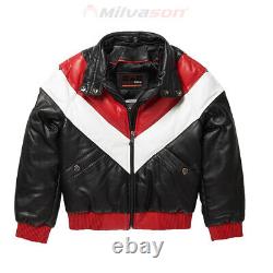 Men's Leather Jacket with Fox Fur Collar Bubble Leather V-Bomber Jacket